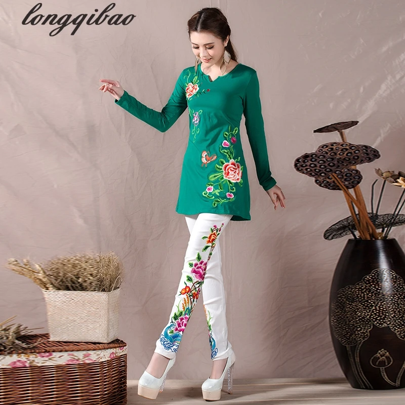 Женские брюки с цветочной вышивкой черные и белые повседневные обтягивающие