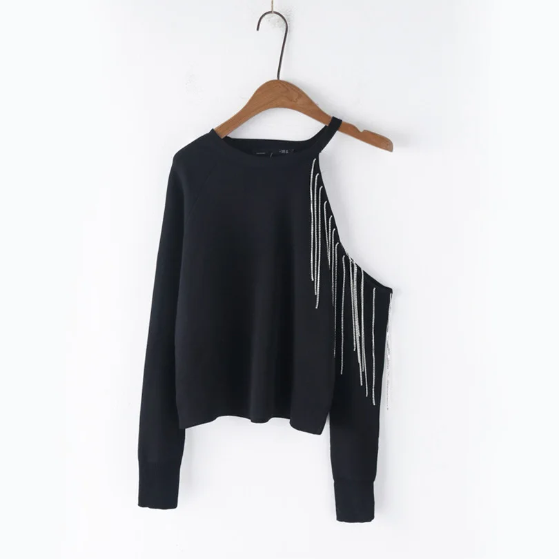 Arvinxia ZA Summer Solid Hollow Out Women Pullover New Off The Shoulder Long Sleeve Lady Sweaters Sexy Tassel O Neck Stylish Top | Женская