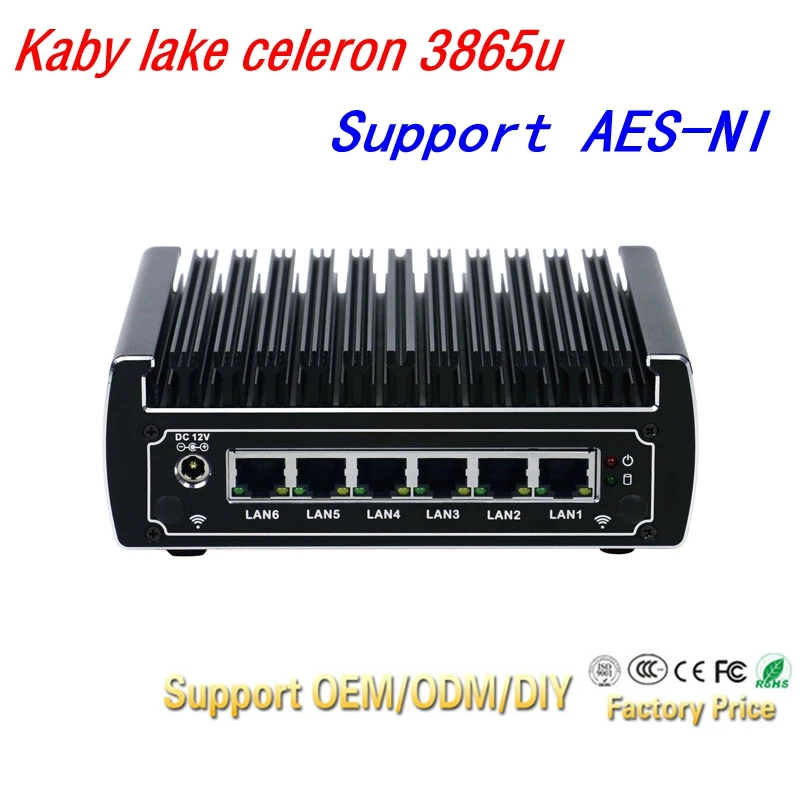 pfsense computers intel kaby lake celeron 3865u dual core fanless mini pc 6 gigabit lans firewall router support AES-NI 4*USB3.0