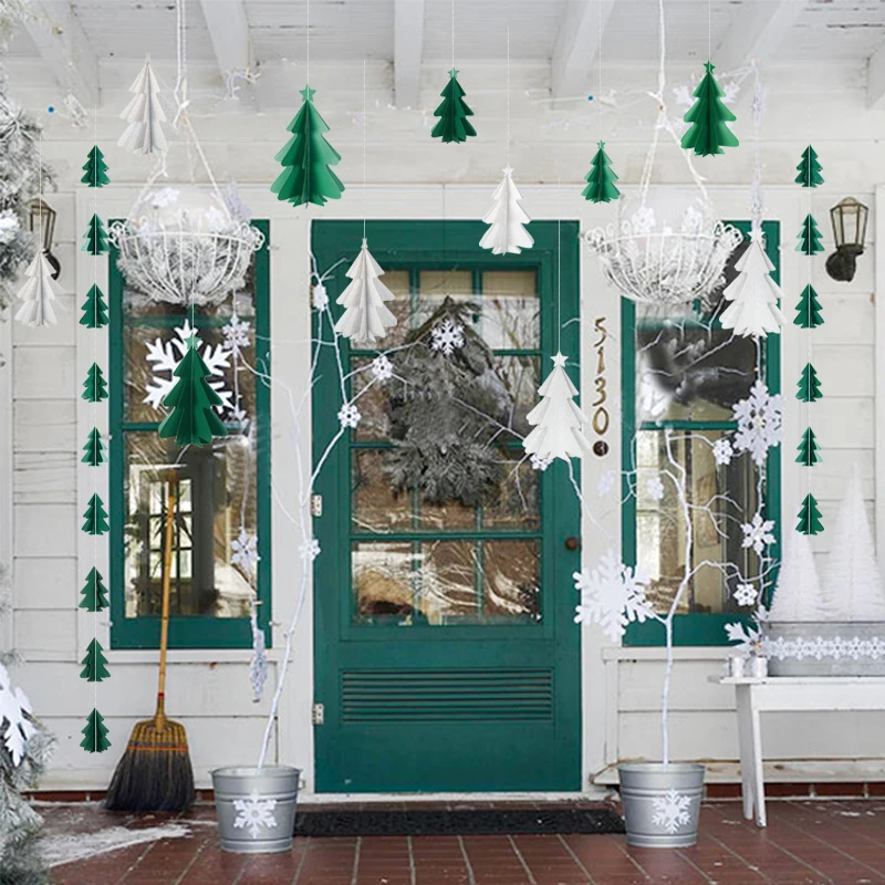 

6Pcs Artificial Christmas Decorations Paper Banner Green 3D Tree Ornaments Table Christmas Decor Tree New Year Hanging Garland