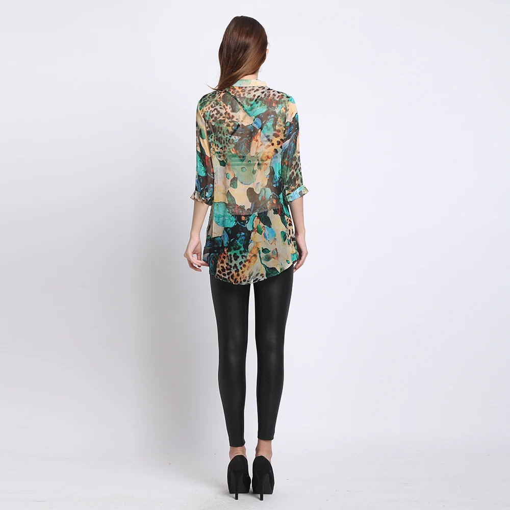

100% Silk Crinkle Chiffon Women Shirt Natural Pure Silk Fabric New Desigual Printed Shirts New Arrival Summer Autumn Style