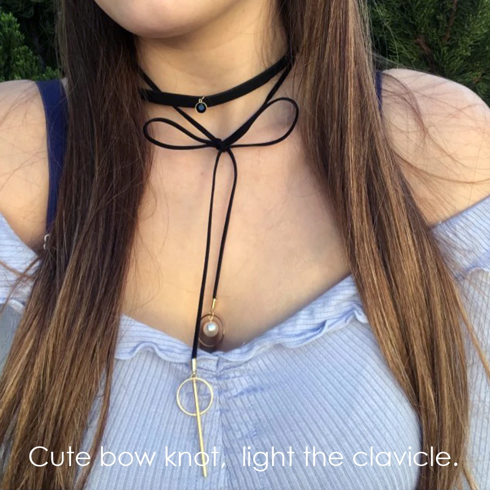 eManco Воротник Pearl душитель Ожерелье Bowknot Сексуальный кристалл и кожаное ожерелье Подарки для женщин Оптовое Новое прибытие