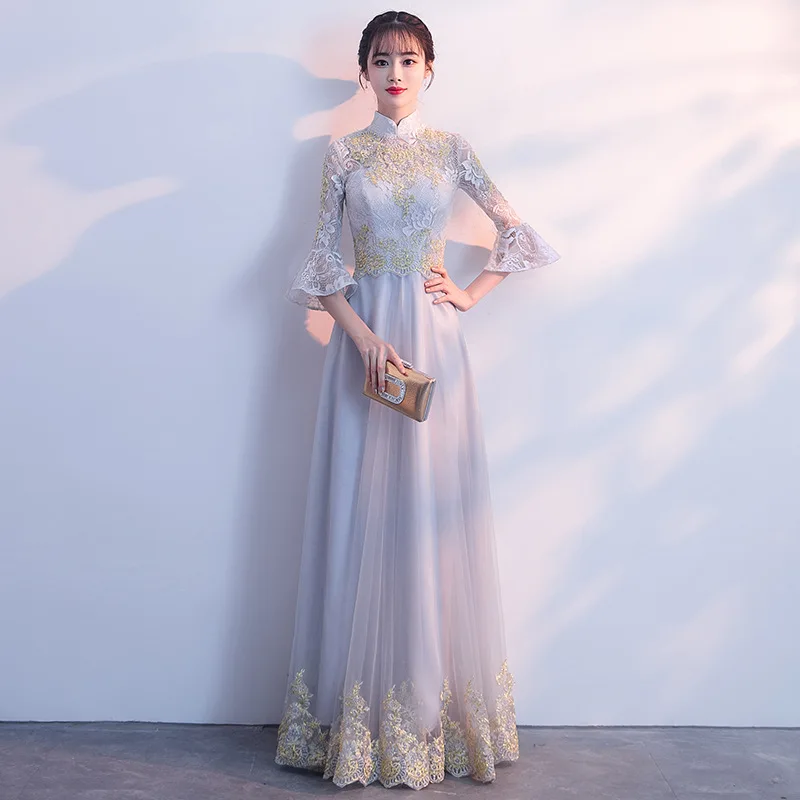 Улучшенное женское сексуальное тонкое платье Cheongsam с v-образным вырезом, элегантное вышитое свадебное платье для подружки невесты, длинное платье в пол Qipao Vestidos