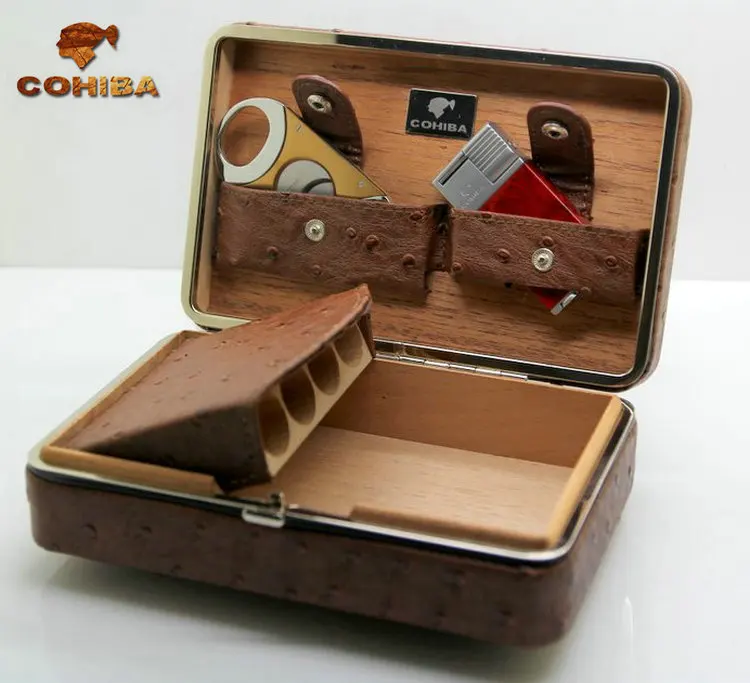 COHIBA натуральная кожа и кедровое дерево сигары набор в подарочной коробке(держать 4 шт. с зажигалкой и ножницами) сигары резак Humidors порт Куба Испания