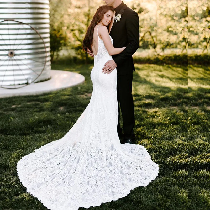 

SOFUGE Lace Mermaid Wedding Dress New Robe de soiree Bridal Dress Court Train High Quality Wedding Dresses Spaghetti Straps