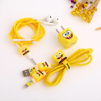 Spongebob Модный милый мультяшный usb-кабель, защита для наушников, набор с кабелем, стикеры для намотки, Спиральный шнур, протектор для iphone 5, 6, 6s, 7 plus, 8 - Цвет: Spongebob