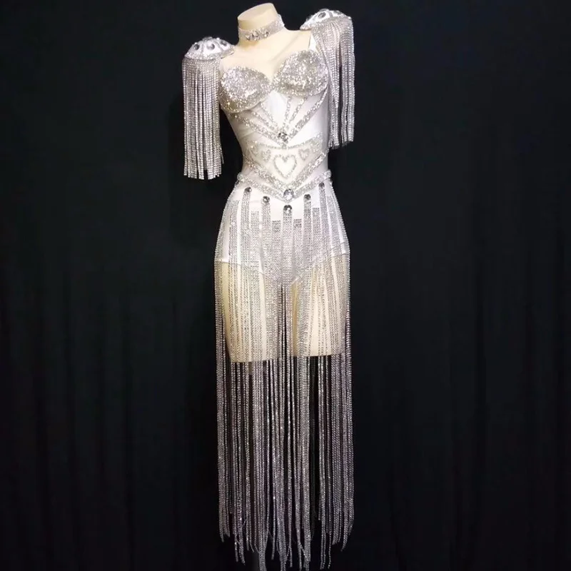 New Crystals Epaulet Fringes Leotard Sexy Women Sparkly Tassel Outfit Women Celebrate Costume Stage Party Singer Dance Wear