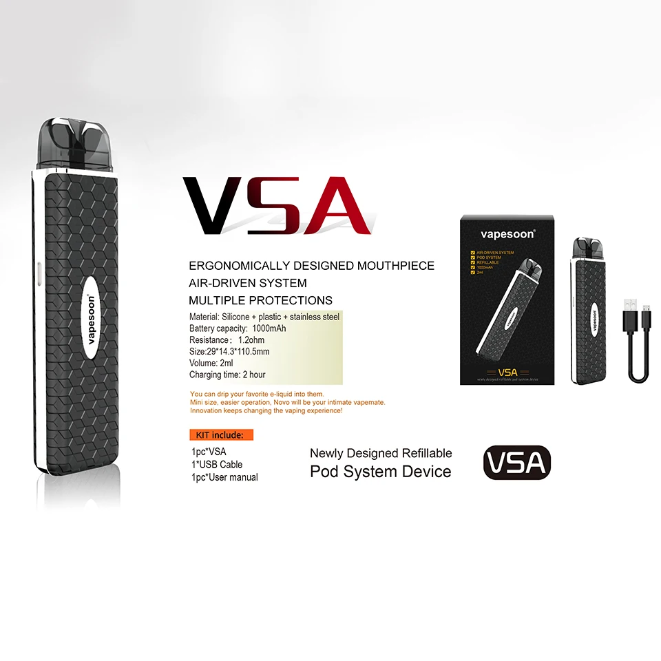 Original Vapesoon VSA 1000mAh Pod System Starter Kit Built-in battery 2ml Capacity Air-driven system E- cigarette | Электроника