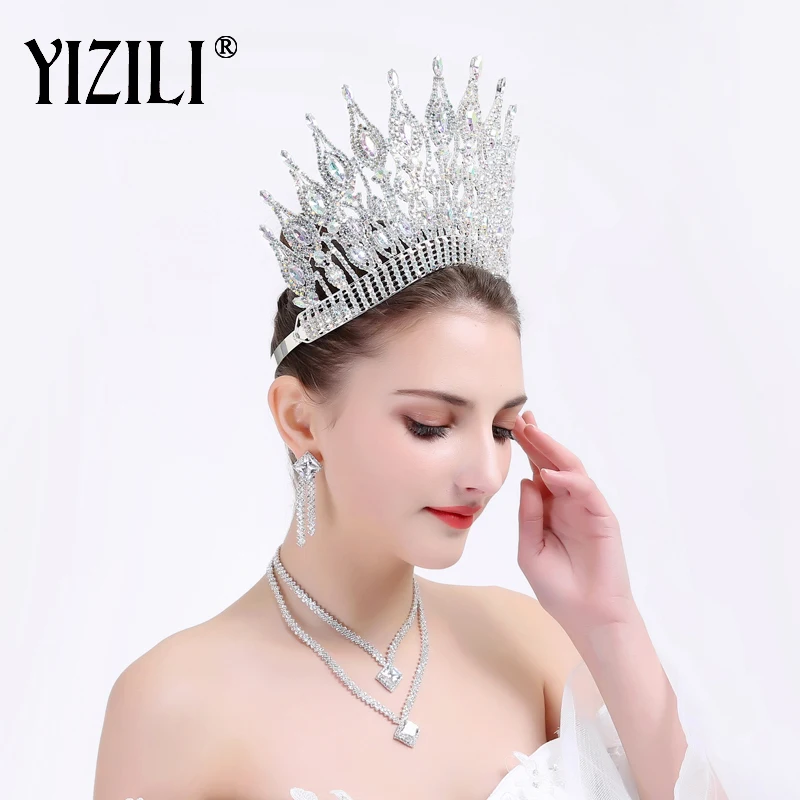 YIZILI Новая Роскошная большая европейская Свадебная Корона невесты Великолепная Хрустальная большая круглая Королевская корона свадебные аксессуары для волос C021