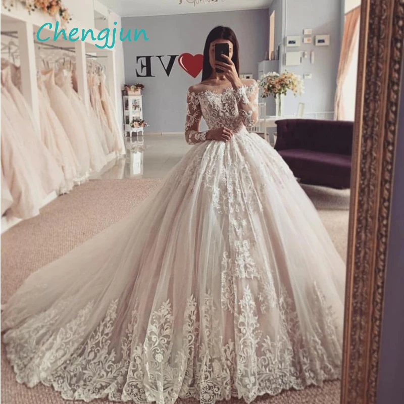 

Chengjun свадебное платье из тюля с длинным рукавом и глубоким круглым вырезом