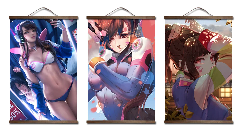 Overwatchs d. va плакат для HD холст декоративные постеры настенная живопись с твердой древесины подвесной прокрутки