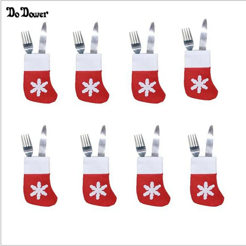8Pcs/Lots Cute Christmas Mini Red Socks Tableware Plates Socks Decorations Snowflake New Year Ornaments For Party Supplies