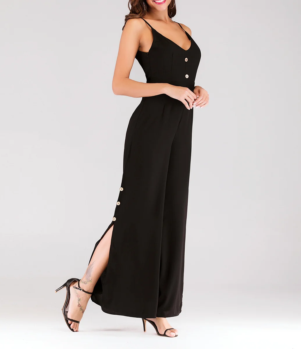 

Womens Long Jumpsuit 2019 Fashion Ladies Deep V Side Slit Backless Loose Long Jumpsuits Summer Women Sling Black Casual Jumpsuit