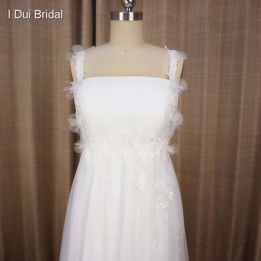 Свадебное платье на тонких бретельках с кружевной талией прозрачная фатиновая