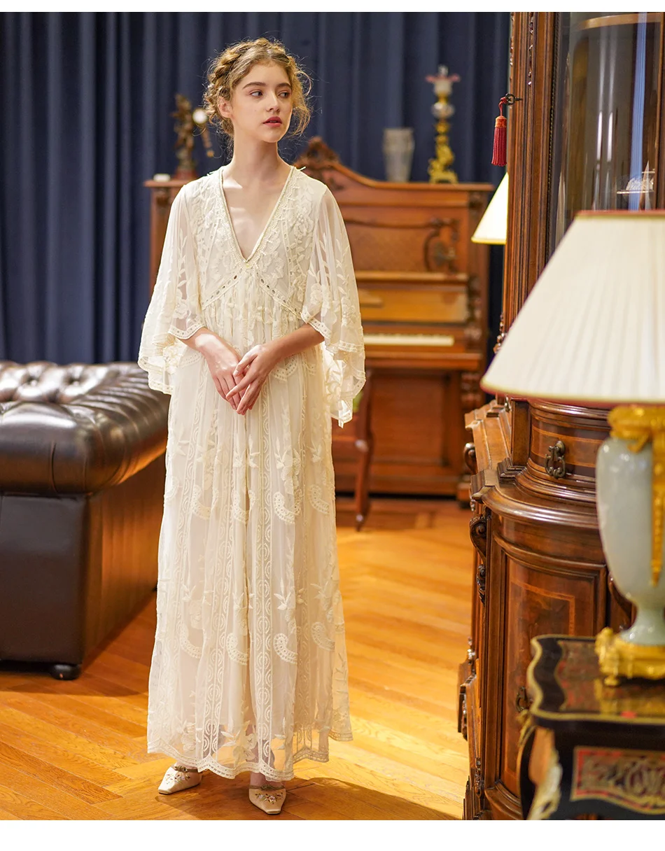 Spring Summer Women Elegant Casual Loose Exquisite Embroidery Lace Rice White Maxi Dress Vintage Mori Girls Long Mesh Dresses