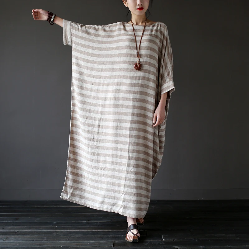 

Summer National wind Dresses Vintage Striped Batwing Sleeve Robe Maxi Long Loose Plus Size Women Casual Linen cutton Dress mujer