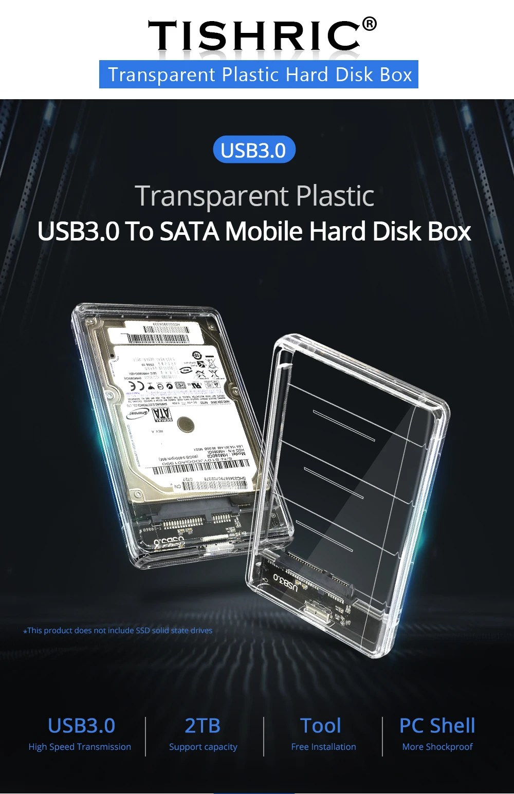 TISHRIC прозрачный 2,5 HDD/SSD чехол коробка жесткий диск Корпус Sata для USB 3,0 адаптер UASP протокол до 2 ТБ чехол для жесткого диска