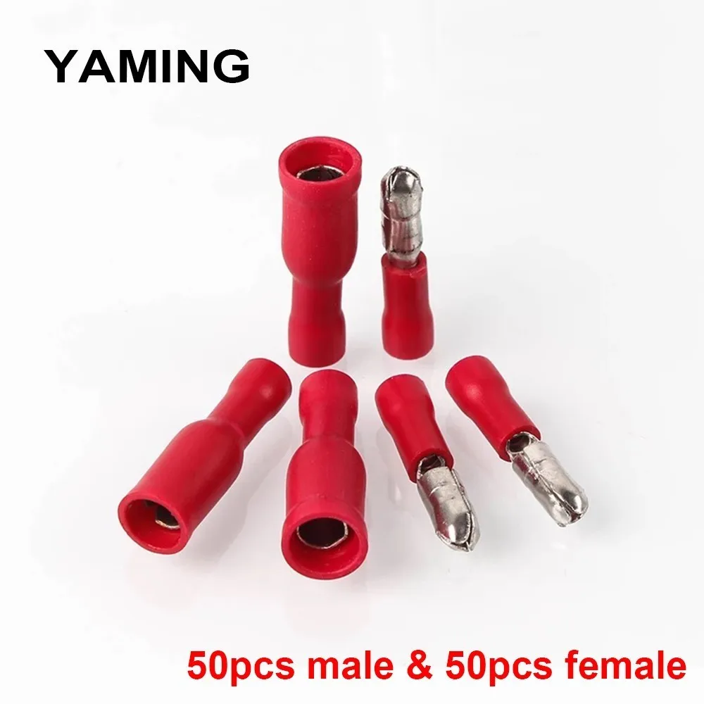 

(100PCS) 50SET Red Female and Male Insulated Electric Connector Crimp Bullet terminal for 22~16 AWG Audio Wiring Plug Adapter