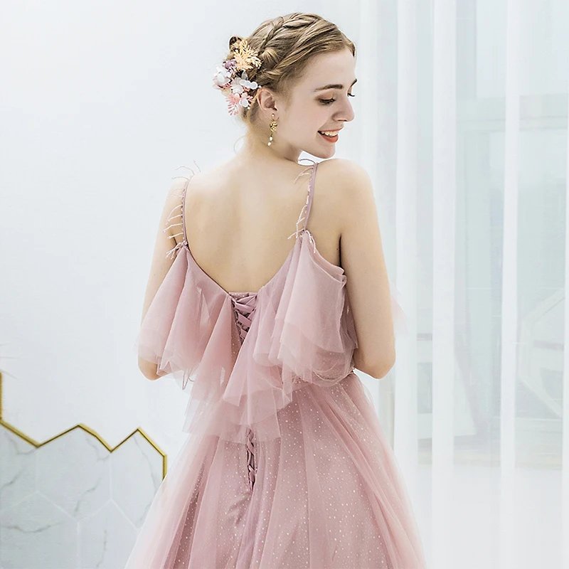 Long Prom Dresses A-line Fairy Formal Party Dress Spaghetti Straps Ruffles Neckline 2019 Bead Sash Tassel Vestidos De Gowns | Свадьбы и
