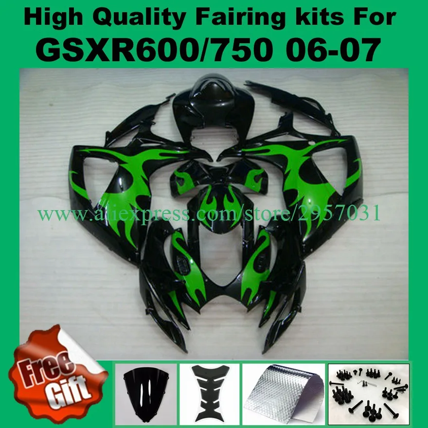

9gifts,GREEN FLAME BLACK Fairings for GSXR600 GSXR750 06 07 SUZUKI GSX-R750 GSX-R600 2006 2007 #4TT59 Fairing kit K6 K7