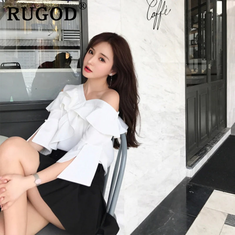 RUGOD 2020 белые шифоновые женские блузки на одно плечо элегантные плиссированные