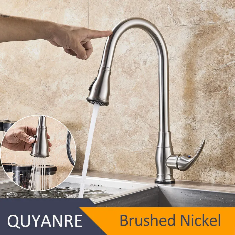 Brushed Nickel Quyanre матовый черный сенсорный кухонный кран чувствительный умный сенсорный Одноручный смеситель сенсорный датчик умный черный кухонный кран - Цвет: Brushed Nickel