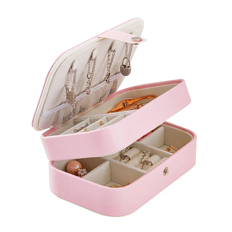 

Double Layer Makeup Organizer Women Fashion Necklace Earrings Rings Collection Box With Mirror Travel Jewelry Storage Supplies