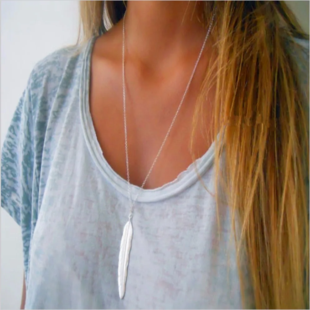 

Boho Fashion Long Chain Statement Necklace Women Silver Gold Feather Leaf Pendant Necklaces Collar Mujer Jewelry Gifts