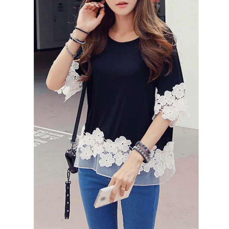 Новинка 2020 модная футболка Женская кружевная черная Повседневная Милая женская