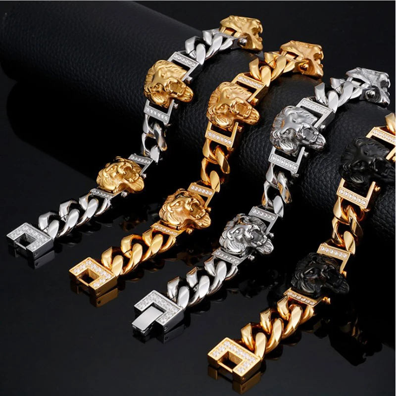 Men Stainless Steel Gold CZ Crystal Lion Charm Bracelets Gothic Zircon Black Silver Color Biker Lion Curb Cuban Bracelet Jewelry