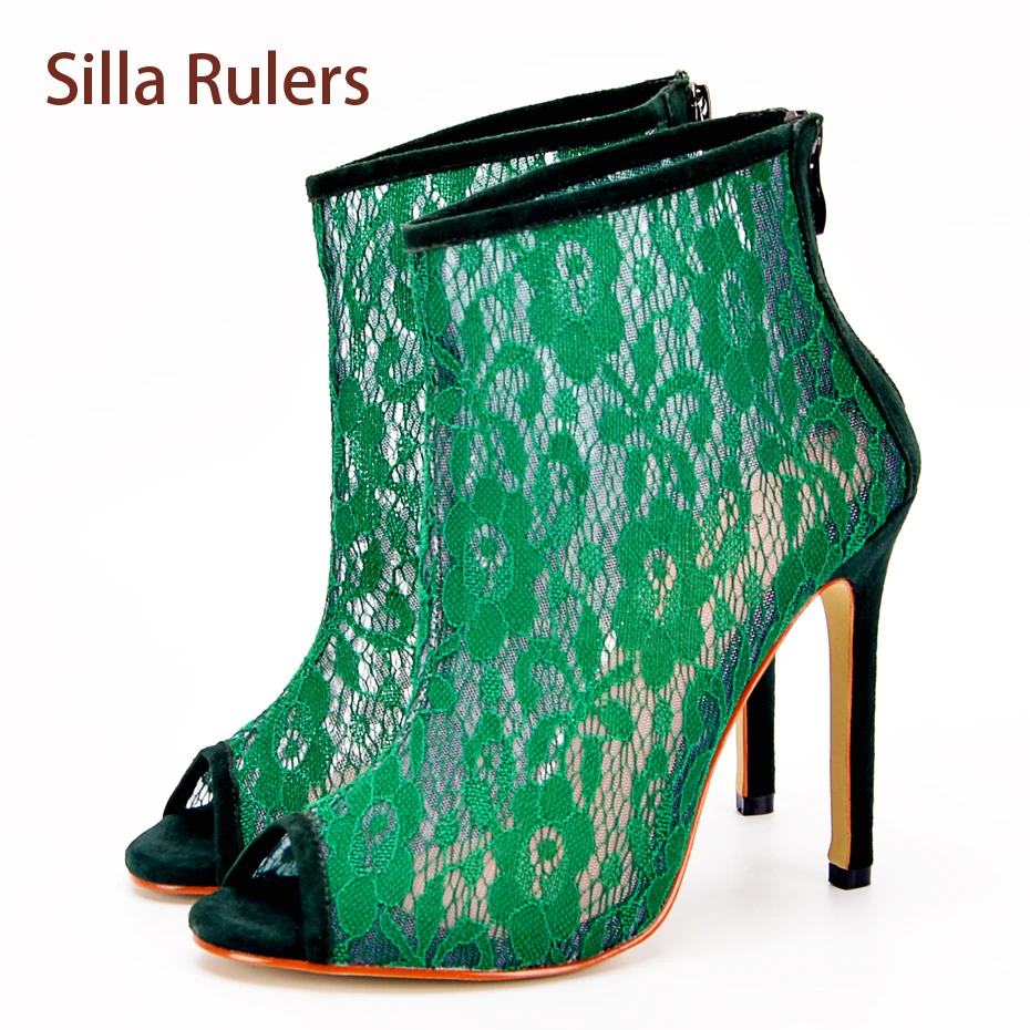 Silla Rulers Summer Spring Gladiator Sandals Women Peep Toe Boots Lace Hollow Out Thin High Heel Shoes Back Zipper Bootie Pumps |