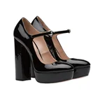 Женские лакированные черные туфли-лодочки на платформе с круглым носком; Туфли-лодочки Mary Janes; Женские Вечерние туфли на каблуке-столбике