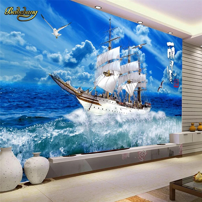 3D фотообои на заказ парусник в море Пляжная настенная бумага для живописи дивана