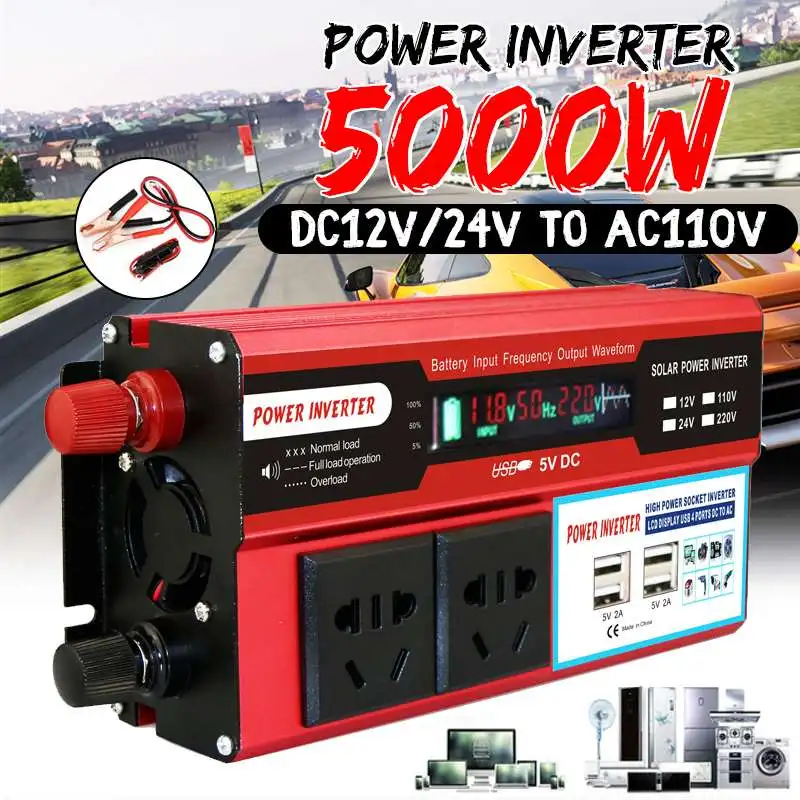 5000W 4 USB, зарядное устройство солнечной Мощность инвертор DC 12/24V к переменному току 110V автомобильный адаптер конвертер бесплатно ЖК-дисплей Дисплей/модифицированным синусом, волновой трансформатор
