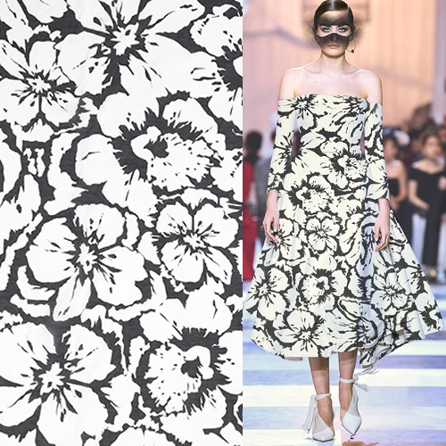 Silk cotton fabric Big black and white floral print ink paintings style SCT503 | Дом и сад