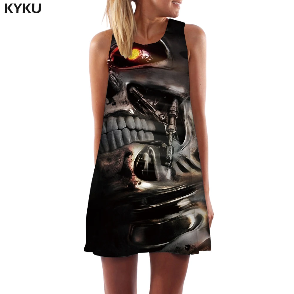 Бренд KYKU, платье с черепом, для женщин, граффити, Vestido, сексуальный черный, косплей, бохо, готический, 3d принт, женская одежда, элегантная