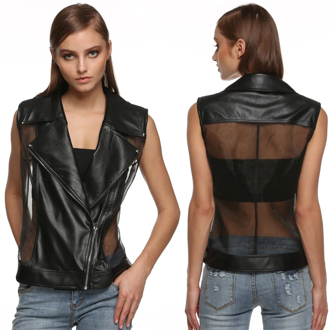 Черный Женщин Turn Down Воротник На Молнии Slim Fit Sexy Sheer Органза Лоскутное Заклепки