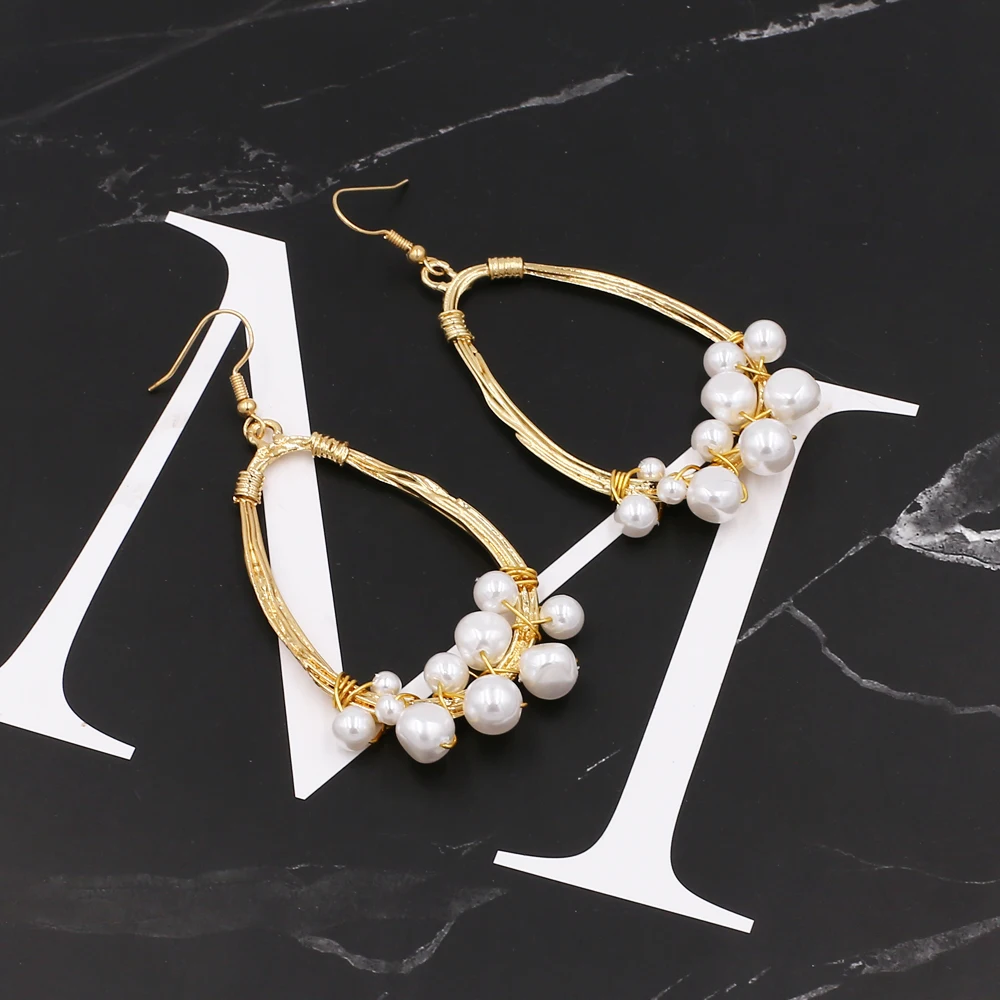 Vodeshanliwen Fashion Bohemian Water Drop Metal Twine Pearl Earrings For Women Vintage Statement Big 2019 New Jewelry | Украшения и