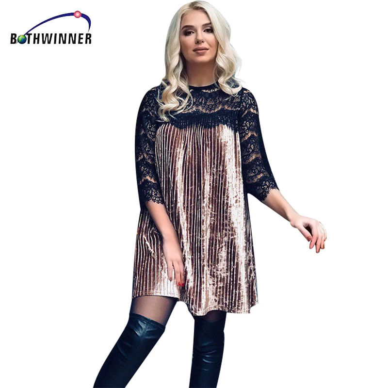 Женское бархатное платье в стиле пэчворк демисезонное Повседневное с кружевом и