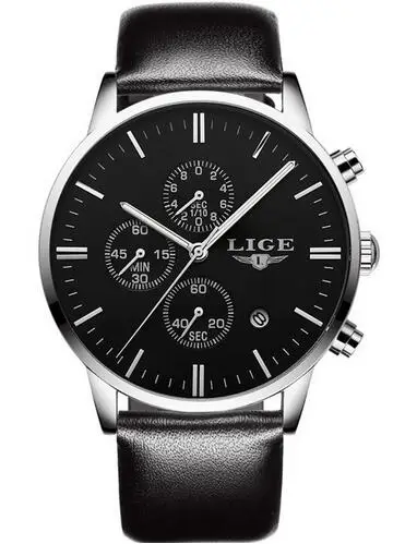 silver black LIGE мужские повседневные модные кварцевые часы с кожаным ремешком для мужчин, спортивные часы для мужчин, мужские часы от ведущего бренда, Роскошные автоматические часы с хронографом и датой - Цвет: silver black