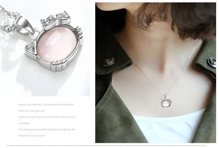 TJP милый розовый кристалл камни кошка кулоны ожерелье для женщин ювелирные