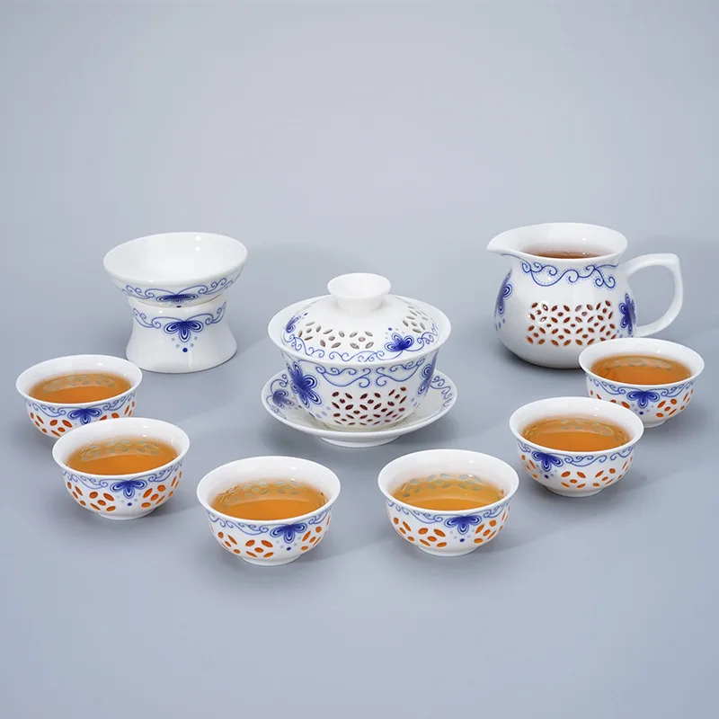 Изысканный чайный набор голубого и белого цвета 1 Gaiwan 6 чашек чайник с сотовой