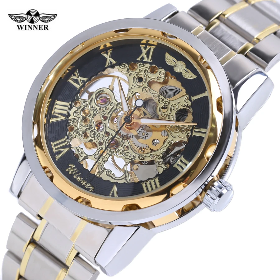 Механическая Скелет наручные часы прозрачные золотые Для мужчин Часы лучший