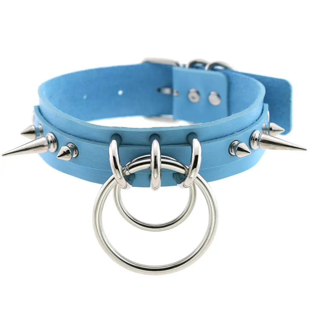Light Blue Женский кожаный ошейник KMVEXO, кожаный чокер с шипами - Окраска металла: Light Blue