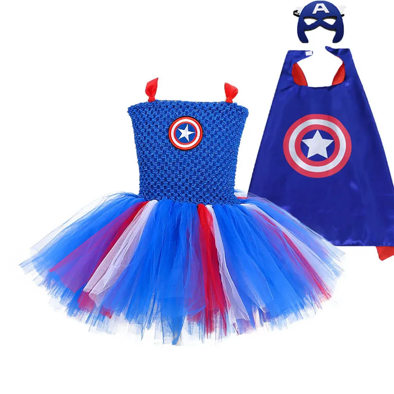 Captain America Wonder Woman/платье-пачка для девочек, платье Супермена, Бэтмена, Человека-паука, Робина на день рождения, вечернее платье на Хэллоуин, карнавальный костюм для детей, 1 комплект - Цвет: Captain America