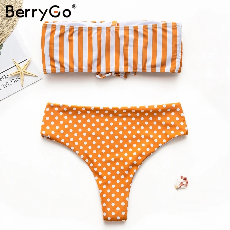 BerryGo бандажный полосатый Женский купальник бикини набор 2019 в горошек два предмета без бретелек пуш ап мягкий