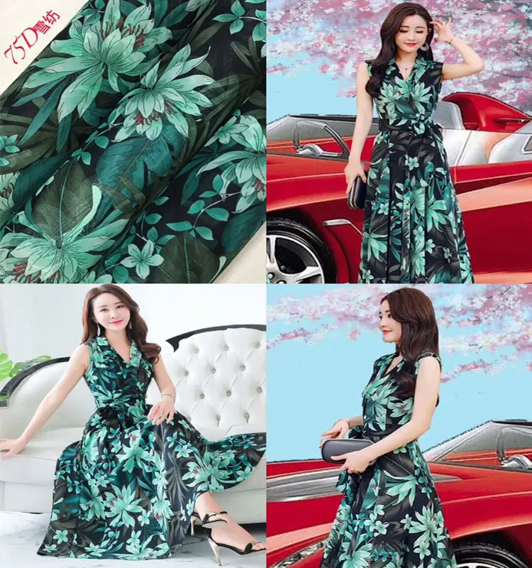 Зеленый цветок атласная ткань с принтом полиэстер шармёз винтажная шифоновая