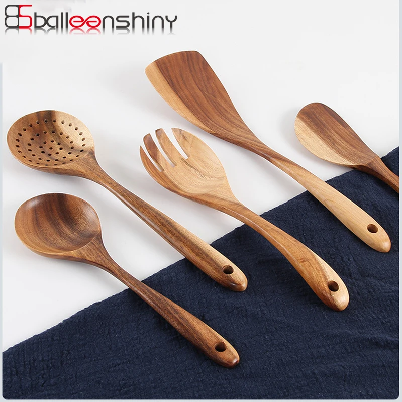 

BalleenShiny Wooden Spoon Long Handle Kitchen Cooking Tools Non-stick Pan Spatula Big Soup Spoon Resuable Tablewares Supply