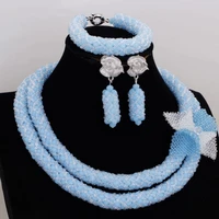 4ujewelry sea blue white jewellery set with handmade beaded flower 2 rows african women necklace set for wedding party fashion