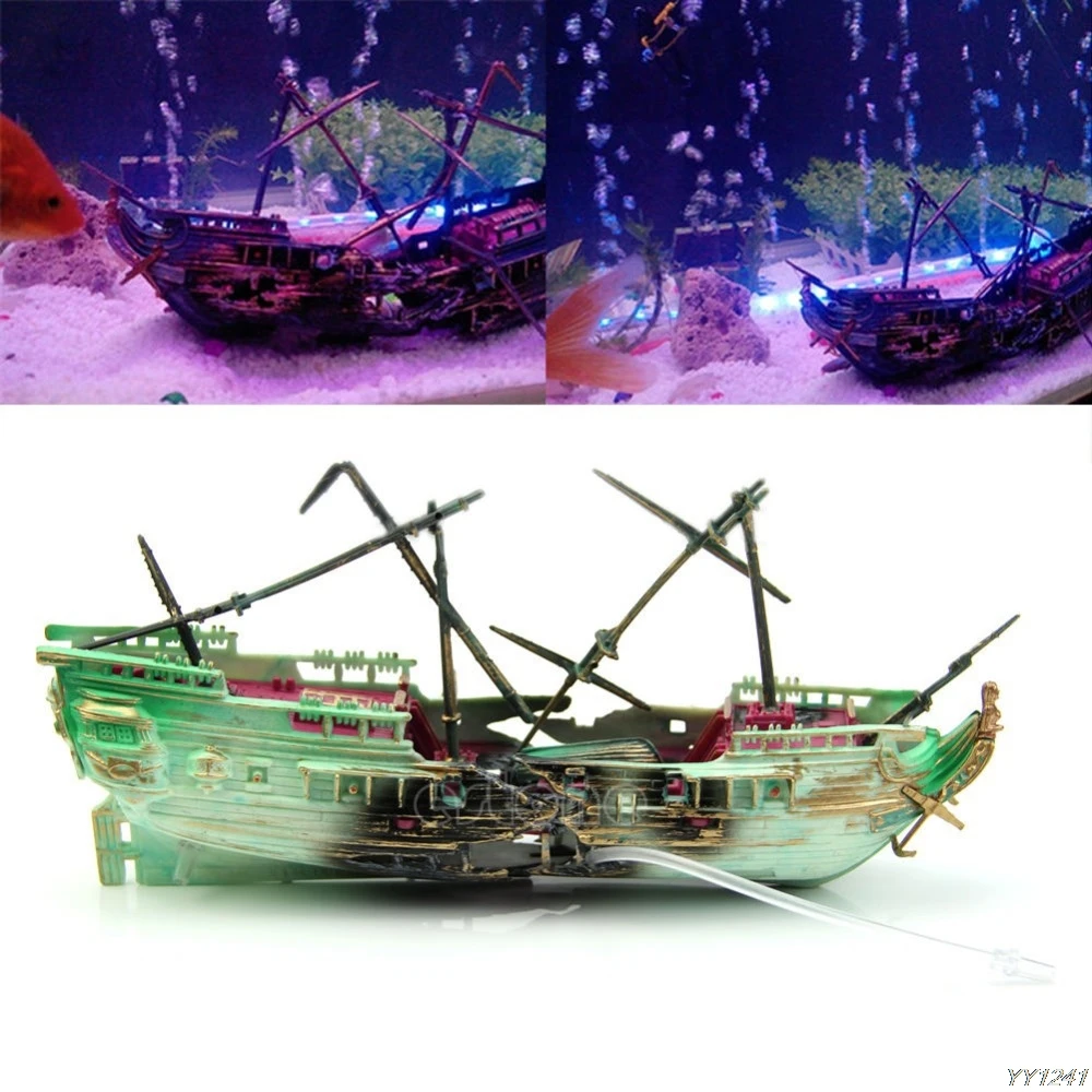 

Aquarium Ornament Wreck Boat Sunk Ship Air Split Shipwreck Fish Tank Cave Decor Y110-Dropshipping